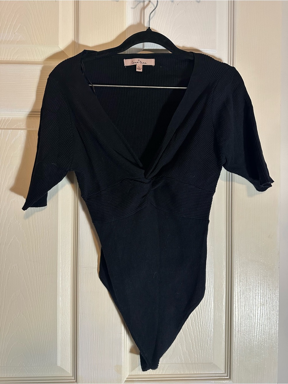 Love Tree Black Ribbed Twist-Front Short-Sleeve Bodysuit